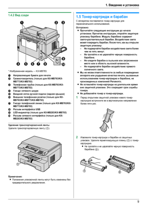 Page 91. Введение и установка
9
1.4.2Вид сзади
* Изображенная модель — KX-MB783.
Уд ал е ни е транспортировочной ленты
Уд а л и т е транспортировочную ленту (1).
Примечание:
LПоложения упаковочной ленты могут быть изменены без 
предварительного уведомления.
Уст ано вка
1.5То н е р-картридж и барабан
С аппаратом поставляется тонер-картридж для 
первоначального использования.
Осторожно:
LПрочитайте следующие инструкции до начала 
установки. Прочитав инструкции, откройте защитную 
упаковку барабана. Модуль...