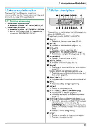 Page 111. Introduction and Installation
11
1.2 Accessory information
To ensure that the unit operates properly, we 
recommend the use of a Panasonic toner cartridge and 
drum unit. See page 94 for specifications.
1.2.1 Available accessories
–Replacement toner cartridge*1
LModel No. (Part No.): KX-FAT92E/KX-FAT92X
–Replacement drum unit
LModel No. (Part No.): KX-FAD93E/KX-FAD93X
*1 Approx. 2,000 sheets of A4 size paper can be 
printed with KX-FAT92E/KX-FAT92X.
Find in g the  Co ntrols
1.3 Button descriptions...