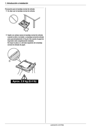 Page 161. Introducción e instalación
16Para obtener ayuda, visite http://www.panasonic.com/help
Precaución para la bandeja normal de entrada
LNo deje caer la bandeja normal de entrada.
LSujete con ambas manos la bandeja normal de entrada 
cuando la retire o la instale. La bandeja normal de entrada 
pesa aproximadamente 2.9 kg (6.4 lb) cuando el papel de 
impresión está completamente instalado.
No toque la placa (
1) del lado izquierdo de la bandeja 
normal de entrada de papel.
Aprox. 2.9 kg (6.4 lb)
1...