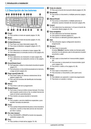 Page 81. Introducción e instalación
8Para obtener ayuda, visite http://www.panasonic.com/help
Contro les
1.3 Descripción de los botones
A{Copy}
L
Para cambiar al modo de copiado (página 19, 36).
B{Scan}
L
Para cambiar al modo de escaneo (página 19, 32).
C{Collate}{Directory}
L
Para hacer una copia intercalada (página 38).
LPara iniciar el directorio navegador (página 45, 47).
D{Contrast}
L
Para seleccionar un contraste al copiar (página 36).
LPara seleccionar un contraste al enviar un fax (página 43)....