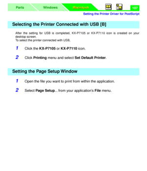 Page 111Setting the Printer Driver for  PostScript
Macintos h
Macintos
h
WindowsParts107
Selecting the Printer Connected with USB [B]
Setting the  Page Setu p Wind ow
Downloaded From ManualsPrinter.com Manuals 