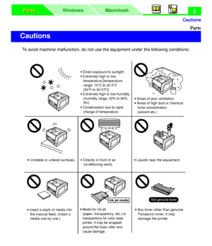 Page 6 
Cautions
Macintosh WindowsParts Parts
 
2  
Parts 
To avoid machine malfunction, do not use the equipment under the following conditions: 
Cautions
Ink jet mediaNot genuine toner
· Insert a stack of media into 
   the manual feed. (Insert a 
   media one by one.)· Media for ink jet
   (paper, transparency, etc.) or 
   transparency for color laser 
   printer; it may be wrapped
   around the fuser roller and
   cause damage.· Any toner other than genuine
   Panasonic toner; it may 
   damage the...