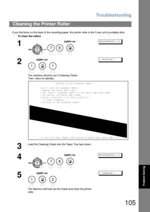 Page 105Troubleshooting
105
Problem So lving
If you find toner o n the back of the record ing paper, the printer roller in the Fuser un it is probably dirty.
Cleaning the Printer Roller
To clean the rollers
1
   
MA INT EN AN CE( 1- 3)
2
  
The machine will prin t out 3 Cleaning  Charts.
Then, return to standby.
* PRI NT IN G *
3
Load the Cleaning Charts into the Paper Tray face down.
4
   
MA INT EN AN CE( 1- 3)
5
  
The Machine will feed out the  charts an d cle an the printer 
rolle r.
* CLE AN IN G *  
78...