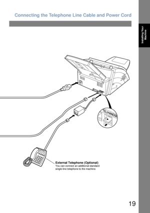 Page 19Connecting the Telephone Line Cable and Power Cord
19
Installing Your 
Machine
External Telephone (Optional)
You can connect an additional standard
single line telephone to the machine.
Downloaded From ManualsPrinter.com Manuals 