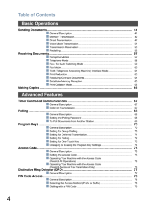 Page 4Table of Contents
4
Sending Documents....................................................................................................... 41
!General Description ....................................................................................... 41
!Memory Transmission.................................................................................... 42
!Direct Transmission ....................................................................................... 47
!Voice Mode...