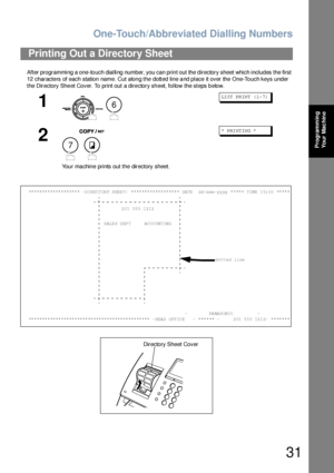 Page 31One-Touch/Abbreviated Dialling Numbers
31
Programming 
Your Mac hine
After programming a one-touch dialling number, you can print out the directory sheet which includes the first 
12 characters of each station name. Cut along the dotted line and place it over the One-Touch keys under 
the Directory Sheet Cover. To print out a directory sheet, follow the steps below.
Printing Out a Directory Sheet
1
 
LI ST PR IN T ( 1- 7)
2
Your machine prints out the directory sheet.
* PRI NT IN G *
*******************...