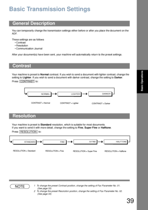 Page 3939
Basic Operations
Basic Transmission Settings
You can temporarily change the transmission settings either before or after you place the document on the 
ADF. 
The se settings are  as follows
• Contrast
• Resolution
• Communication Journal
After your document(s) have been sent, your machine will automatically return to the preset settings.
Your machine is preset to Normal contrast. If you wish to send a document with lighter contrast, change the 
setting to Lighter. If you wish to send a document with...