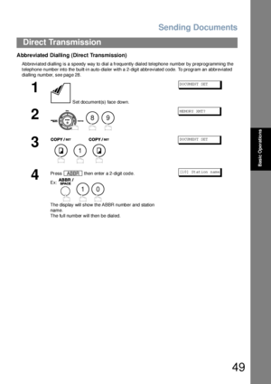 Page 49Sending Documents
49
Direct Transmission
Basic Operations
Abbreviated Dialling (Direct Transmission)
Abbreviated dialling is a speedy way to dial a frequently dialed telephone number by preprogramming the 
telephone number into the built-in auto-dialer with a 2-digit abbreviated code. To program an abbreviated 
dialling number, see page 28.
1
 Set document(s) face down.
DO CUM EN T SET
2
  
ME MOR Y XM T?
3
  
DO CUM EN T SET
4
Press   then enter a 2-digit code.
Ex:   
The disp lay will show the ABBR n...