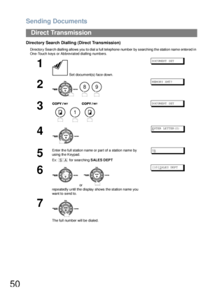 Page 50Sending Documents
50
Direct Transmission
Directory Search Dialling (Direct Transmission)
Directory Search dialling allows you to dial a full telephone number by searching the station name entered in 
One-Touch keys or Abbreviated dialling numbers.
1
 Set document(s) face down.
DOCUMENT SET
2
  
MEMORY XMT?
3
  
DOCUMENT SET
4
ENT ER  LE TT ER (S)
5
Enter the full station name or part of a station name by 
using the Keypad. 
Ex:  for searching SALES DEPTSA
6
 or 
repeatedly until the display shows the...