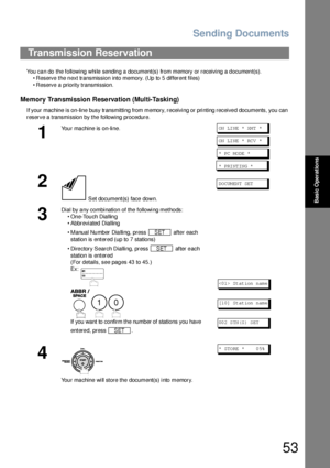 Page 53Sending Documents
53
Basic Operations
You can do the following while sending a document(s) from memory or receiving a document(s).
• Reserve the next transmission into memory. (Up to 5 different files)
• Reserve a priority transmission.
Memory Transmission Reservation (Multi-Tasking)
If your machine is on-line busy transmitting from memory, receiving or printing received documents, you can 
reserve a transmission by the following procedure.
Transmission Reservation
1
Your machine is on-line.ON  LI NE  *...