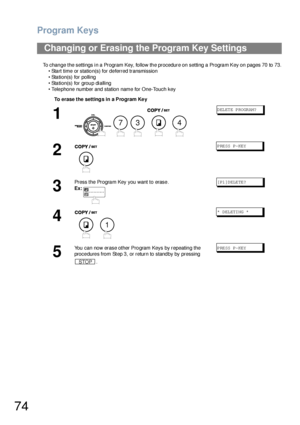 Page 74Program Keys
74
To change the settings in a Program Key, follow the procedure on setting a Program Key on pages 70 to 73.
• Start time or station(s) for deferred transmission
• Station(s) for polling
• Station(s) for group dialling
• Telephone number and station name for One-Touch key
Changing or Erasing the Program Key Settings
To erase the settings in a Program Ke y
1
    
DELETE PROGRAM?
2
PRESS P-KEY
3
Press the Program Key you want to erase.
Ex:[P1]DELETE?
4
 
*  D EL ETI NG  *
5
You can now erase...