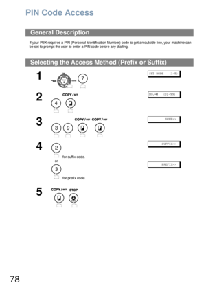 Page 7878
PIN Code Access
If your PBX requires a PIN (Personal Identification Number) code to get an outside line, your machine can 
be set to prompt the user to enter a PIN code before any dialling.
General Description
Selecting the Access Method (Prefix or Suffix)
1
 
S ET  M ODE     ( 1-8 )
2
 
NO.=❚   (01 -9 9)
3
    
             N ON E
4
 for suffix code.
or
 for prefix code.
          SUFFIX
          PREFIX
5
 
7
4
39
2
3
Downloaded From ManualsPrinter.com Manuals 