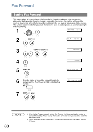 Page 8080
Fax Forward
This featu re allows all incoming  faxes to be forwarded to  the station registe red in  the o ne-touch or 
abbreviated dialling number. Once the faxes are received in the memory, the machine will forward the 
received document(s) to the telephone number registered in the one-touch or abbreviated dialling number.
This function is convenient whe n you wo uld like to receive faxes in another place (i. e. your home ) at night 
or during a holiday.
NOTE1 When the Fax Forward feature is set,...