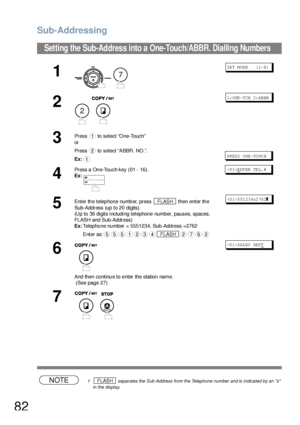 Page 82Sub-Addressing
82
NOTE1  separates the Sub-Address from the Telephone number and is indicated by an s 
in the display.
Setting the Sub-Address into a One-Touch/ABBR. Dialling Numbers
1
 
SET MODE    (1-8)
2
 
1: ONE -T CH  2: AB BR
3Press   to select “One-Touch”
or
Press   to select “ABBR. NO.”.
Ex:
PR ESS  O NE -TO UC H
4
Press a One-Touch key (01 - 16).
Ex:ENT ER  TE L. #
5Enter the telephone number, press   then enter the 
Sub-Address (up to 20 digits).
(Up to 36 digits including telephone number,...