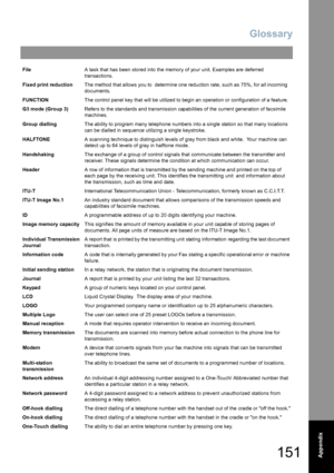 Page 151Glossary
151Appendix
FileA task that has been stored into the memory of your unit. Examples are deferred 
transactions.
Fixed print reductionThe method that allows you to  determine one reduction rate, such as 75%, for all incoming 
documents.
FUNCTIONThe control panel key that will be utilized to begin an operation or configuration of a feature.
G3 mode (Group 3)Refers to the standards and transmission capabilities of the current generation of facsimile 
machines.
Group diallingThe ability to program...