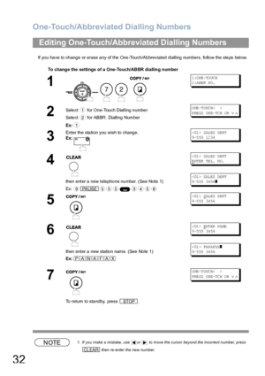 Page 32One-Touch/Abbreviated Dialling Numbers
32
If you have to change or erase any of the One-Touch/Abbreviated dialling numbers, follow the steps below.
NOTE1. If you make a mistake, use  or   to move the cursor beyond the incorrect number, press 
 then re-enter the new number.
Editing One-Touch/Abbreviated Dialling Numbers
To change the settings of a  One-Touch/ABBR dialling number
1
    
1:ONE-TOUCH
2:ABBR NO.
2Select   for One-Touch Dialling number
Sele ct   for AB BR. Dialling Number
Ex:O NE -T OUC H<...