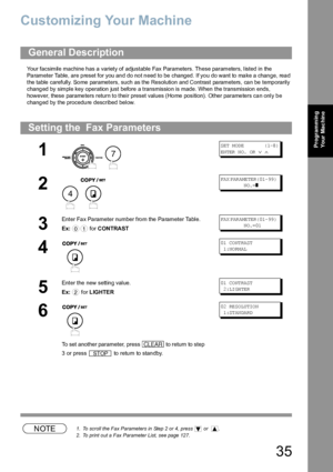 Page 3535
Programming 
Your Mac hine
Customizing Your Machine
Your facsimile machine h as a variety of adjustable Fax Parameters. Th ese parameters, listed in the 
Parameter Table, are preset for you and do not need to be changed. If you do want to make a change, read 
the table carefully. Some parameters, such as the Resolution and Contrast parameters, can be temporarily 
changed by simple key operation just before a transmission is made. When the transmission ends, 
however, these parameters return to their...