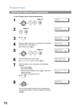 Page 78Program Keys
78
Setting for Deferred Transmission
To set a Program Key for deferred transmission
1
    
P RO GR AM            (1 -4 )
ENTER NO.  OR 
∨ ∧
2
 
PROGRAM[P ]
P RE SS  PR OG RA M K EY
3
Ex:P RO GR AM[ P1 ]      NA ME
ENTER NAME
4
Enter the station name (up to 15 characters) by using the 
Character keys.  (See page 12)
Ex: PR OG.A  and  PROGRAM[P1]
P RE SS  FU NC TI ON  KE Y
5
   
DEFERRED XMT
START TIME      
❚ :
6
Enter the starting time using 4 digits.
Ex: (11:30 p.m.) and E NT ER  ST AT IO...