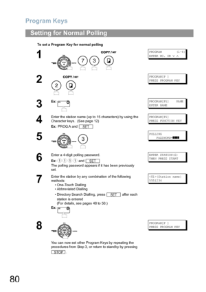 Page 80Program Keys
80
Setting for Normal Polling
To set a Program Key for normal polling
1
    
P RO GR AM            (1 -4 )
ENTER NO.  OR 
∨ ∧
2
 
PROGRAM[P ]
P RE SS  PR OG RA M K EY
3
Ex:P RO GR AM[ P1 ]      NA ME
ENTER NAME
4
Enter the station name (up to 15 characters) by using the 
Character keys.  (See page 12)
Ex: PR OG.A  and  PROGRAM[P1]
P RE SS  FU NC TI ON  KE Y
5
 
POLLING
    P ASS WO RD =
❚❚❚❚
6
Enter a 4-digit polling password.
Ex: and 
The polling password appears if it has be en previously...