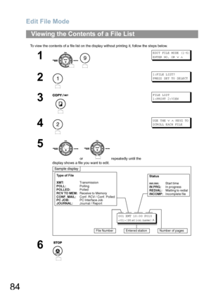 Page 84Edit File Mode
84
To view the contents of a file list on the display without printing it, follow the steps below.
Viewing the Contents of a File List
1
 
E DI T FIL E MO DE (1 -6 ) 
ENTER NO.  OR 
∨ ∧
2
1:FILE LIST?
P RE SS  SE T  TO  SE LE CT
3
FILE LIST
1 :P RI NT 2: VI EW
4
USE THE ∨ ∧ KE YS  TO  
SCROLL EACH  FILE
5
 or   repeatedly until the 
display shows a file you want to edit.
6
9
1
2
Sample display
Type of File
XMT:Transmission
POLL:Polling
POLLED:Polled
RCV TO MEM:Receive to Memory
PC JOB:PC...