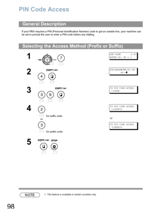 Page 9898
PIN Code Access
If your PBX requires a PIN (Personal Identification Number) code to get an outside line, your machine can 
be set to prompt the user to enter a PIN code before any dialling.
NOTE1. This feature is available in certain countries only.
General Description
Selecting the Access Method (Prefix or Suffix)
1
 
S ET  M ODE           (1 -8 )
ENTER NO.  OR 
∨ ∧
2
 
FAX PA RA ME TER (0 1- 99)         
            NO .=
❚
3
  
3 9 PI N C OD E ACC ES S
 1: NO NE
4
 for suffix code.
or
 for prefix...