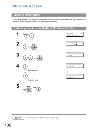 Page 106106
PIN Code Access
If your PBX requires a PIN (Personal Identification Number) code to get an outside line, your machine can 
be set to prompt the user to enter a PIN code before any dialling.
NOTE1. This feature is available in certain countries only.
General Description
Selecting the Access Method (Prefix or Suffix)
1
 
SET MODE       (1-8)
ENTER NO. OR 
∨ ∧
2
 
FAX PARAMETER(1-137)
        NO.=
]
3
  
39 PIN CODE ACCESS
 1:NONE
4
 for suffix code.
or
 for prefix code.
39 PIN CODE ACCESS
 2:SUFFIX
or...
