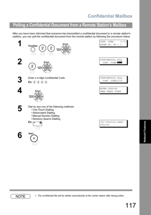 Page 117Confidential Mailbox
117
Network Features
After you have been informed that someone has transmitted a confidential document to a remote stations 
mailbox, you can poll the confidential document from the remote station by following the procedure below.
NOTE1. The confidential file will be delete automatically at the center station after being polled.
Polling a Confidential Document from a Remote Stations Mailbox
1
   
CONF. COMM.    (1-5)
ENTER NO. OR 
∨ ∧
2
 
CONFIDENTIAL POLL  
  CONF. CODE=
]]]]
3...