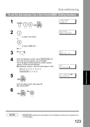 Page 123Sub-addressing
123
Network Features
NOTE1.  separates the Sub-address from the Telephone number and is indicated by an 
s in the display.
To set the Sub-address into a One-Touch/ABBR. Dialling Numbers
1
    
1:ONE-TOUCH
2:ABBR NO.
2
 to select One-Touch.
or
 to select ABBR.NO..
Ex:
ONE-TOUCH<  >
PRESS ONE-TOUCH
3
Ex:
E
NTER TEL. NO.
4
Enter the telephone number, press   and 
then enter the Sub-address. (Up to 20 digits)
(Up to 36 digits including telephone number, pauses, 
spaces, FLASH and Sub-address)...