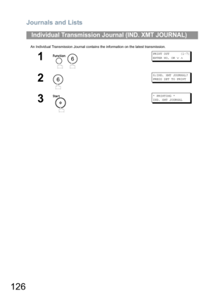 Page 126Journals and Lists
126
An Individual Transmission Journal contains the information on the latest transmission.
Individual Transmission Journal (IND. XMT JOURNAL)
1
 
PRINT OUT      (1-7)
ENTER NO. OR 
∨ ∧
2
6:IND. XMT JOURNAL?
PRESS SET TO PRINT
3
* PRINTING *
IND. XMT JOURNAL
6
6
UF6300_FAX_UK_PJQMC1263ZB.book  126 ページ  ２００８年１２月１０日　水曜日　午後１時２６分
Downloaded From ManualsPrinter.com Manuals 