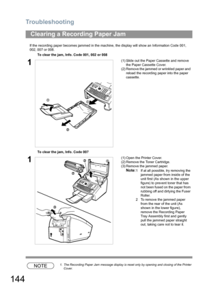 Page 144Troubleshooting
144
If the recording paper becomes jammed in the machine, the display will show an Information Code 001, 
002, 007 or 008.
NOTE1. The Recording Paper Jam message display is reset only by opening and closing of the Printer 
Cover.
Clearing a Recording Paper Jam
To clear the jam, Info. Code 001, 002 or 008
1(1) Slide out the Paper Cassette and remove 
the Paper Cassette Cover.
(2) Remove the jammed or wrinkled paper and 
reload the recording paper into the paper 
cassette.
To clear the jam,...