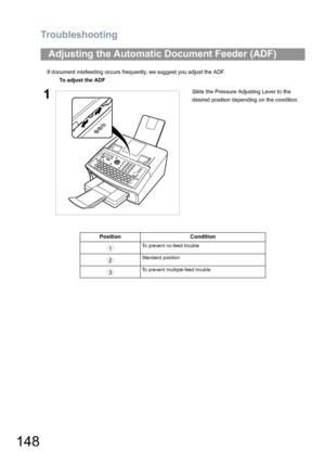 Page 148Troubleshooting
148
If document misfeeding occurs frequently, we suggest you adjust the ADF.
Adjusting the Automatic Document Feeder (ADF)
To adjust the ADF
1Slide the Pressure Adjusting Lever to the 
desired position depending on the condition.
Position Condition
To prevent no-feed trouble
Standard position
To prevent multiple-feed trouble1
2
3
UF6300_FAX_UK_PJQMC1263ZB.book  148 ページ  ２００８年１２月１０日　水曜日　午後１時２６分
Downloaded From ManualsPrinter.com Manuals 