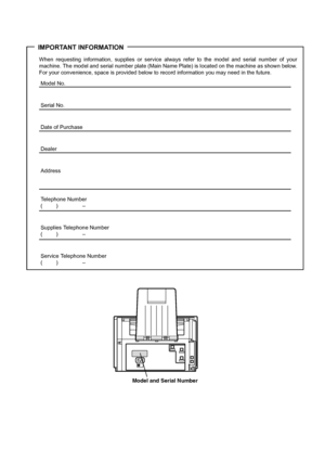 Page 165IMPORTANT INFORMATION
When requesting information, supplies or service always refer to the model and serial number of your
machine. The model and serial number plate (Main Name Plate) is located on the machine as shown below.
For your convenience, space is provided below to record information you may need in the future.
Model No.
Serial No.
Date of Purchase
Dealer
Address
Telephone Number
() –
Supplies Telephone Number
() –
Service Telephone Number
() –
Model and Serial Number...