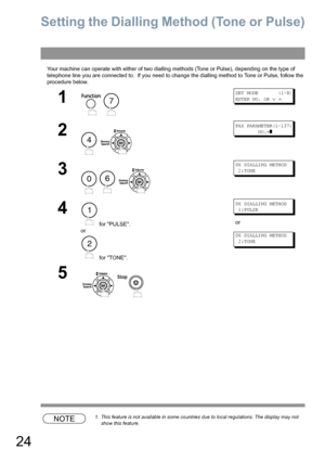 Page 2424
Setting the Dialling Method (Tone or Pulse)
Your machine can operate with either of two dialling methods (Tone or Pulse), depending on the type of 
telephone line you are connected to.  If you need to change the dialling method to Tone or Pulse, follow the 
procedure below.
NOTE1.  This feature is not available in some countries due to local regulations. The display may not 
show this feature.
1
 
SET MODE       (1-8)
ENTER NO. OR 
∨ ∧
2
 
FAX PARAMETER(1-137)
        NO.=
]
3
  
06 DIALLING METHOD...