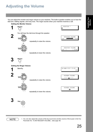 Page 2525
Installing Your 
Machine
Adjusting the Volume
You can adjust the monitor and ringer volume on your machine. The built-in speaker enables you to hear the 
dial tone, dialling signals, and busy tone. The ringer sounds when your machine receives a call.
NOTE1. You can also adjust the volume of the key touch tone and the volume of the buzzer in the Fax 
Parameter No. 10 (KEY/BUZZER VOLUME).  (See page 36)
Setting the Monitor Volume
1
You will hear the dial tone through the speaker.
* MONITOR *
]
2...