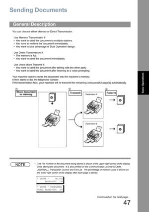 Page 4747
Basic Operations
Sending Documents
You can choose either Memory or Direct Transmission.
Use Memory Transmission if:
• You want to send the document to multiple stations.
• You have to retrieve the document immediately.
• You want to take advantage of Dual Operation design.
Use Direct Transmission if:
• The memory is full.
• You want to send the document immediately.
Use Voice Mode Transmit if:
• You want to send the document after talking with the other party.
• You want to send the document after...