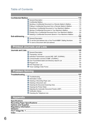 Page 6Table of Contents
6
Confidential Mailbox ...................................................................................................... 115
QGeneral Description ....................................................................................... 115
QConfidential Mailbox....................................................................................... 115
QSending a Confidential Document to a Remote Stations Mailbox ................. 116
QPolling a Confidential Document from a Remote...