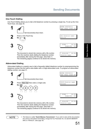 Page 51Sending Documents
51
Basic Operations
One-Touch Dialling
One-Touch Dialling allows you to dial a full telephone number by pressing a single key. To set up the One-
Touch keys, see page 30.
Abbreviated Dialling
Abbreviated dialling is a speedy way to dial a frequently dialled telephone number by preprogramming the 
telephone number into the built-in auto-dialler with a 3-digit abbreviated code. To program an abbreviated 
dialling number, see page 31.
NOTE1. This feature is called Quick Memory...