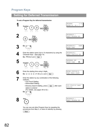 Page 82Program Keys
82
Setting for Deferred Transmission
To set a Program Key for deferred transmission
1
    
PROGRAM        (1-4)
ENTER NO. OR 
∨ ∧
2
 
PROGRAM[P ]
PRESS PROGRAM KEY
3
Ex:PROGRAM[P1]    NAME
ENTER NAME
4
Enter the station name (Up to 15 characters) by using the 
Character keys.  (See page 14)
Ex: PROG.A and PROGRAM[P1]
PRESS FUNCTION KEY
5
   
DEFERRED XMT
START TIME     
] :
6
Enter the starting time using 4 digits.
Ex: (11:30 p.m.) and ENTER STATION(S)
THEN PRESS START
7
Enter the station by...