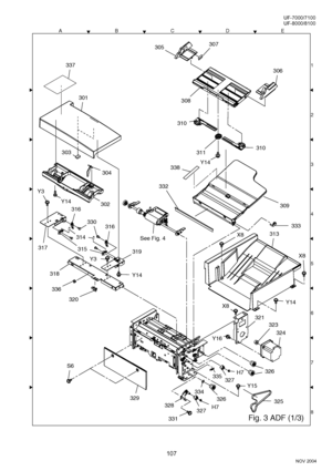 Page 107107
NOV 2004 Ve r.  2 . 0
UF-7000/7100
UF-8000/8100
ACDEB
8 1
3
4
5
6
7 2 2
2
Fig. 3 ADF (1/3)
308
309
310
307305
306
333
313
X8
X8
Y14
332
310
338
301
337
316
316
Y14
Y3
330
315
314
Y3
303
304
302
317
320
S6
329
328H7327
331
325326
326H7
327335
334
324
Y16
Y15
X8
323
321
Y14
311
See Fig. 4
Y14
336
318
319
Downloaded From ManualsPrinter.com Manuals 