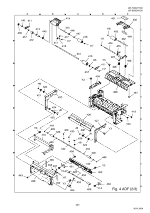Page 111111
NOV 2004 Ve r.  2 . 0
UF-7000/7100
UF-8000/8100
445
H6
439
411
413
401402
H6
403
442448
406
407
406
405
404
H7
Y3
419
H6
457
H7
411
441
408461
443
443
Y3
427
426
424
425
423
422
H6
421
429
429430
449
428
449
440
456
Y3
437
460
458451
H7
459
Y14
433449
432
J8
J8
424
449
449
428
449
431
428
452
450
Y14
434
454
453
428
Y3
438
443
414
412
457
Y3
H7
416
446
447
415
418
H7417
417
Y3
J8
ACDEB
8 1
3
4
5
6
7 2 2
2
Fig. 4 ADF (2/3)
409
Downloaded From ManualsPrinter.com Manuals 