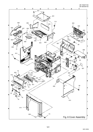 Page 121121
NOV 2004 Ve r.  2 . 0
UF-7000/7100
UF-8000/8100
ACDEB
8 1
3
4
5
6
7 2 2
2
Fig. 6 Cover Assembly
628
19
2027
626
629627
620
T8
T8 618
619 T8620
615T9
T9624
622
625
623
623 624
621
632 T9
620
633
620
634 644
624 635
641
601
Y13602
612
605643
636
640
606
630
603
607
Y14
609
S6
V6
637
610
611642
S6
608
S6
S6638
614
613
Y3639
616
617
Downloaded From ManualsPrinter.com Manuals 