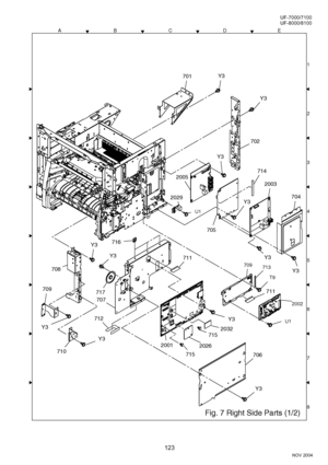 Page 123123
NOV 2004 Ve r.  2 . 0
UF-7000/7100
UF-8000/8100
ACDEB
8 1
3
4
5
6
7 2 2
2
Fig. 7 Right Side Parts (1/2)
709
T9
713
2002
U1
2032
715
715
2026
2029
U1
701Y3
Y3
702
704
2003
714
Y3
Y3
Y3
705
Y3
2005
Y3
706
2001
711
711
Y3
710
Y3
709
Y3
712
707
708
716Y3
Y3
717
Downloaded From ManualsPrinter.com Manuals 