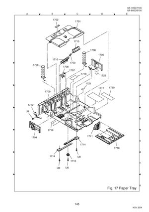 Page 145145
NOV 2004 Ve r.  2 . 0
UF-7000/7100
UF-8000/8100
ACDEB
8 1
3
4
5
6
7 2 2
2
Fig. 17 Paper Tray
1706
1702
U8U8
U8
1713
1714
1714
1710
17111704
1712
U8
1705
1722
1701
1715
1708
1707
1703
1716
1706
  1709
1717
1718
1721
1720
1719
Downloaded From ManualsPrinter.com Manuals 