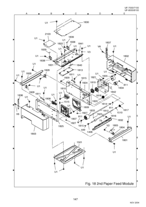 Page 147147
NOV 2004 Ve r.  2 . 0
UF-7000/7100
UF-8000/8100
ACDEB
8 1
3
4
5
6
7 2 2
2
Fig. 18 2nd Paper Feed Module
U1
U1
U1
1828
1826
U1
1808
U1
1810
U1
U1
1828
1831
1837
V6
1811
1833
1836
1825
1515
U1
1807
1827
1827
1809
1801
U1
1832
U1
U1
U1
1802
1803
18041805V2
T9
1816
1510
1817
1406449
1815
8111823
1812
1814
811
1501
V6
1615
U1
1813
1824
1811
1829
811
U1U1
1834
1842
18351821
1819
1820
1818
V3
1830U1
U1
2103
U1
1838
1839
1839
1838U1
1822
U1
U1U1
U1
U1
1841
1840
Downloaded From ManualsPrinter.com Manuals 