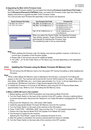 Page 3434
UF-7000/8000
NOV 2004 Ve r.  2 . 0
UF-7100/8100
4) Upgrading the Main Units Firmware Code
Start the Local Firmware Update Tool and select the following Firmware Code Parent File Folder in 
the C:\Panasonic\Panasonic-FUP\Data folder, and select the Firmware Code Type then follow the 
display instructions to upgrade the Main Units Firmware Codes. 
You must process each firmware file separately in this manner and sequence.
Note:
1. While updating the firmware code, the display may become garbled,...