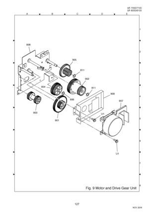 Page 127127
NOV 2004 Ve r.  2 . 0
UF-7000/7100
UF-8000/8100
ACDEB
8 1
3
4
5
6
7 2 2
2
Fig. 9 Motor and Drive Gear Unit
909
907
811
902
811
905
901
903
906
904
908
U1
U1
Downloaded From ManualsPrinter.com Manuals 