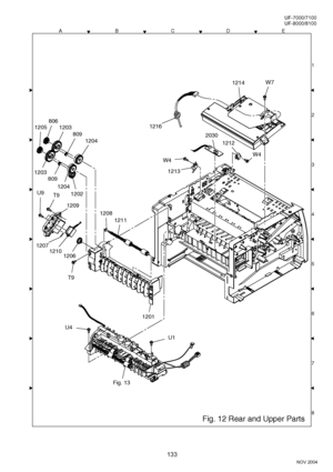 Page 133133
NOV 2004 Ve r.  2 . 0
UF-7000/7100
UF-8000/8100
ACDEB
8 1
3
4
5
6
7 2 2
2
Fig. 12 Rear and Upper Parts
W71214
1216
1212
W4
2030
1213
W4
1204
809
1202
1205
806
1203
1203
1204
809
T9
120612101207
U9T9
1209
1211
1208
U4
1201
U1
Fig. 13
Downloaded From ManualsPrinter.com Manuals 