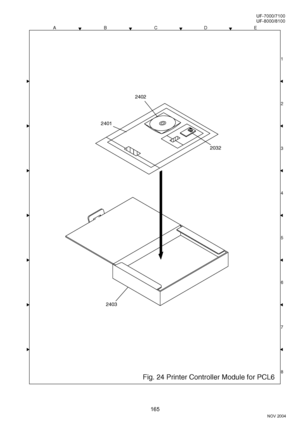 Page 165165
NOV 2004 Ve r.  2 . 0
UF-7000/7100
UF-8000/8100
ACDEB
8 1
3
4
5
6
7 2 2
2
Fig. 24 Printer Controller Module for PCL6
2403
2402
2032
2401
Downloaded From ManualsPrinter.com Manuals 