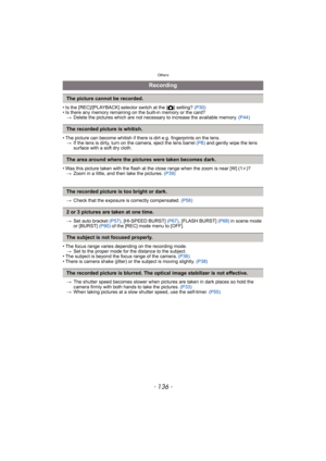Page 136Others
- 136 -
• Is the [REC]/[PLAYBACK] selector switch at the [!] setting? (P30)
• Is there any memory remaining on the built-in memory or the card?
>Delete the pictures which are not necessary to increase the available memory. (P44)
• The picture can become whitish if there is dirt e.g. fingerprints on the lens.
>If the lens is dirty, turn on the camera, eject the lens barrel (P8) and gently wipe the lens 
surface with a soft dry cloth.
• Was this picture taken with the flash at the close range when...
