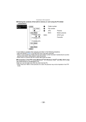 Page 138Connecting to other equipment
- 138 -
∫Viewing the contents of the built-in memory or card using the PC (folder 
composition)
A new folder is created when pictures are taken in the following situations.
•
After [NO.RESET] (P30) in the [SETUP] menu has been executed•When a card containing a folder with the same folder number has been inserted (Such as when 
pictures were taken using another make of camera)
•When there is a picture with file number 999 inside the folder
∫Connection in the PTP mode...